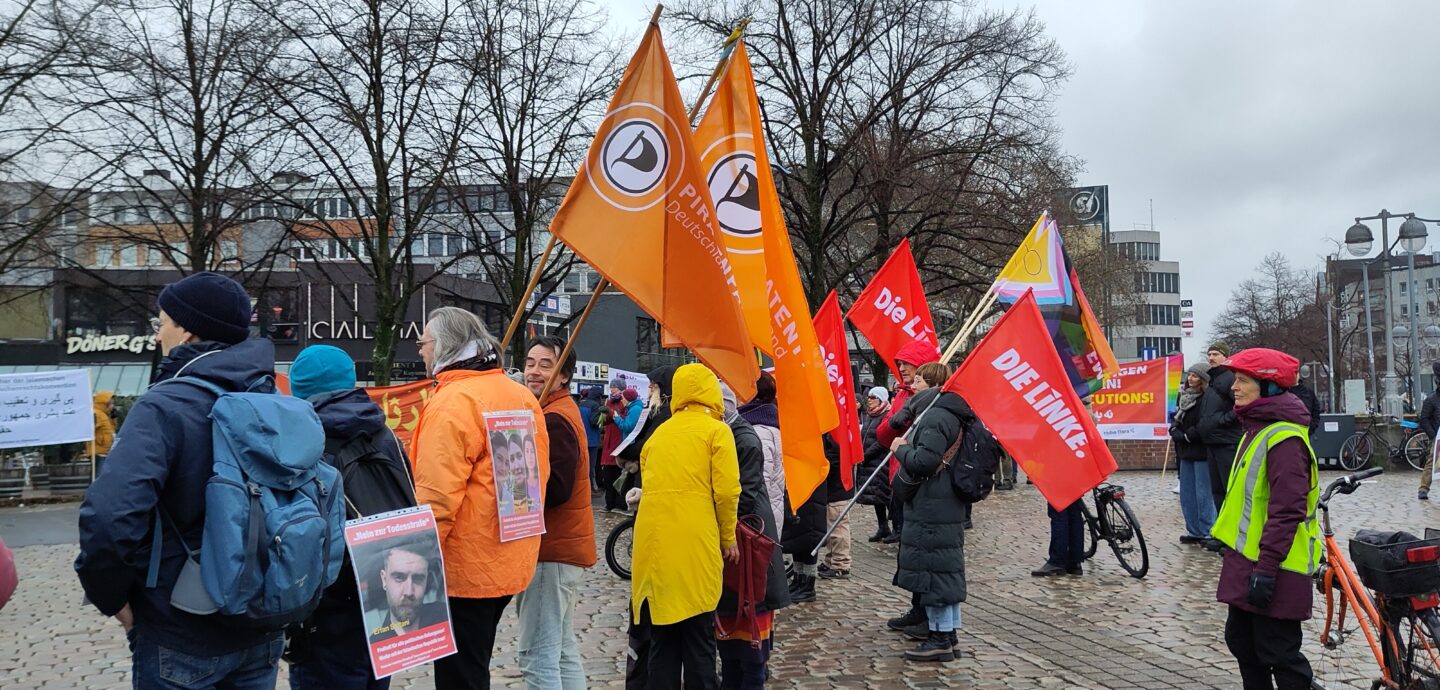 Menschen stehen im Kreis; einige halten Flaggen in ihren Händen: Piraten und Die Linke.