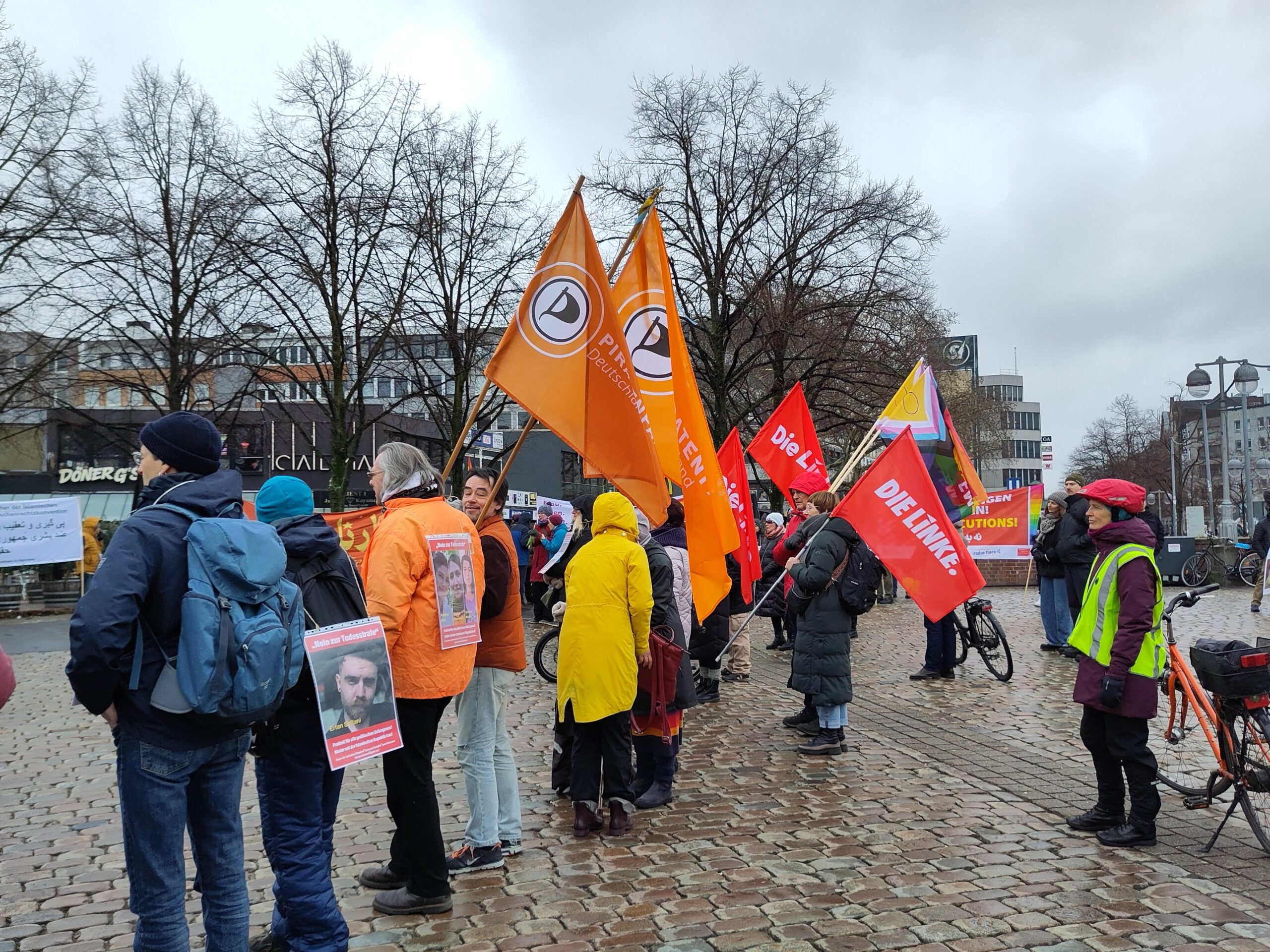 Menschen stehen im Kreis; einige halten Flaggen in ihren Händen: Piraten und Die Linke.