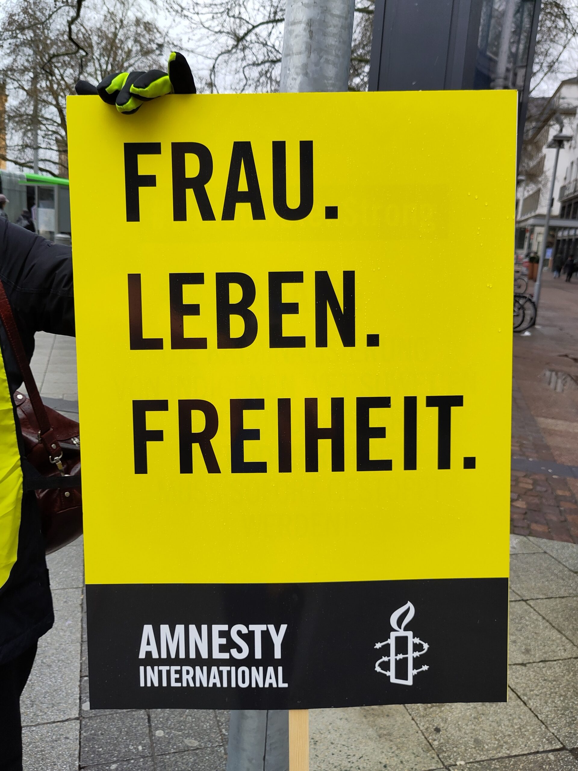Schild mit dem Text „Frau. Leben. Freiheit“ mit schwarzem Text auf gelbem Hintergrund. Darunter das Logo von Amnesty International. Eine Hand hält das Schild am oberen Ende fest.