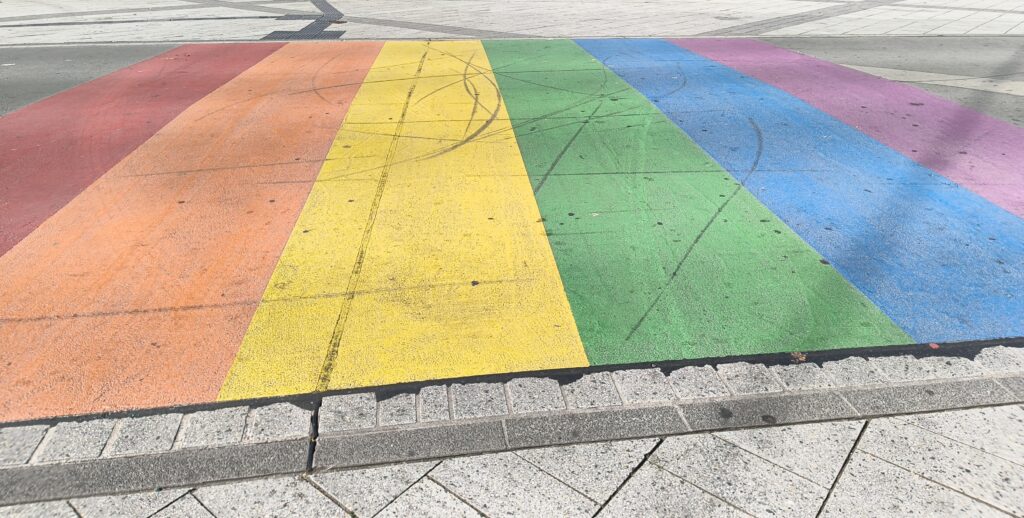 Farbstreifen auf der Fahrbereich für Busse vor dem Hauptbahnhof: von links nach rechts die Farben rot, orange, gelb, grün, blau und lila.