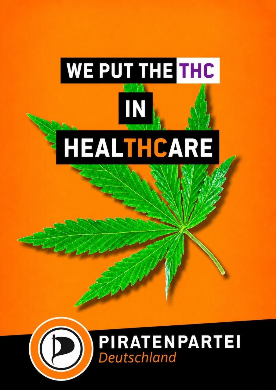 Englischer Text auf einem Blatt der Cannabis-Pflanze: 'We put the THC in Healthcare.' Darunter das Logo der Piratenpartei Deutschlands.